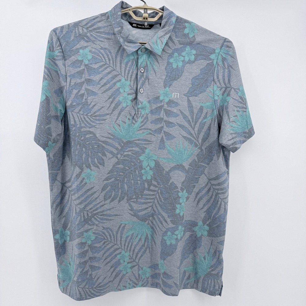 TravisMathew Polo Shirt Mens XL Grey Tropical Floral Palm Leaf Pima Cotton Blend - Picture 2 of 9